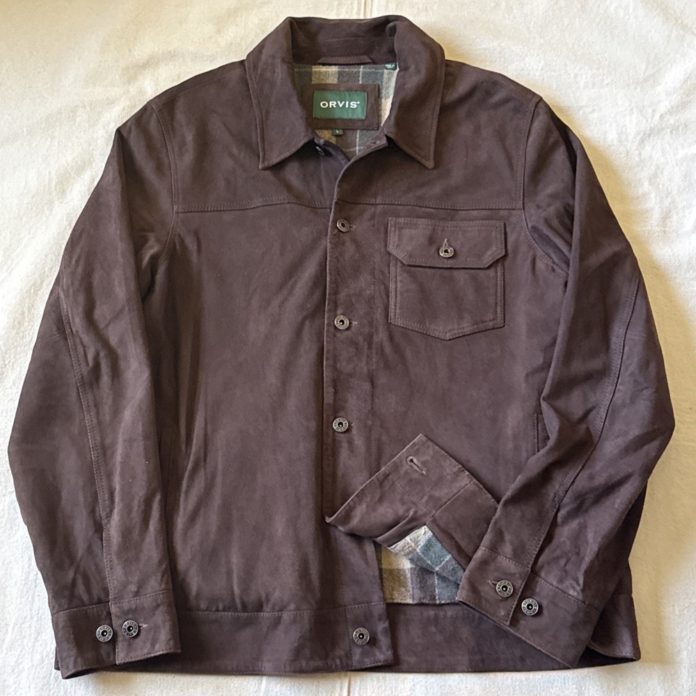 Vintage Orvis Men's Suede Leather Jacket Brown Hunting Flannel Lined Heavy Sz L